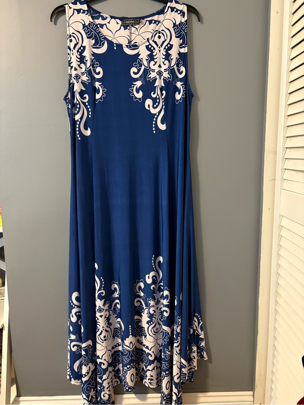 Sleeveless Royal Blue and White Printed Maxi Dress